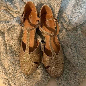 Champagne Sparkly T-Strap Mary Jane with Block Heel